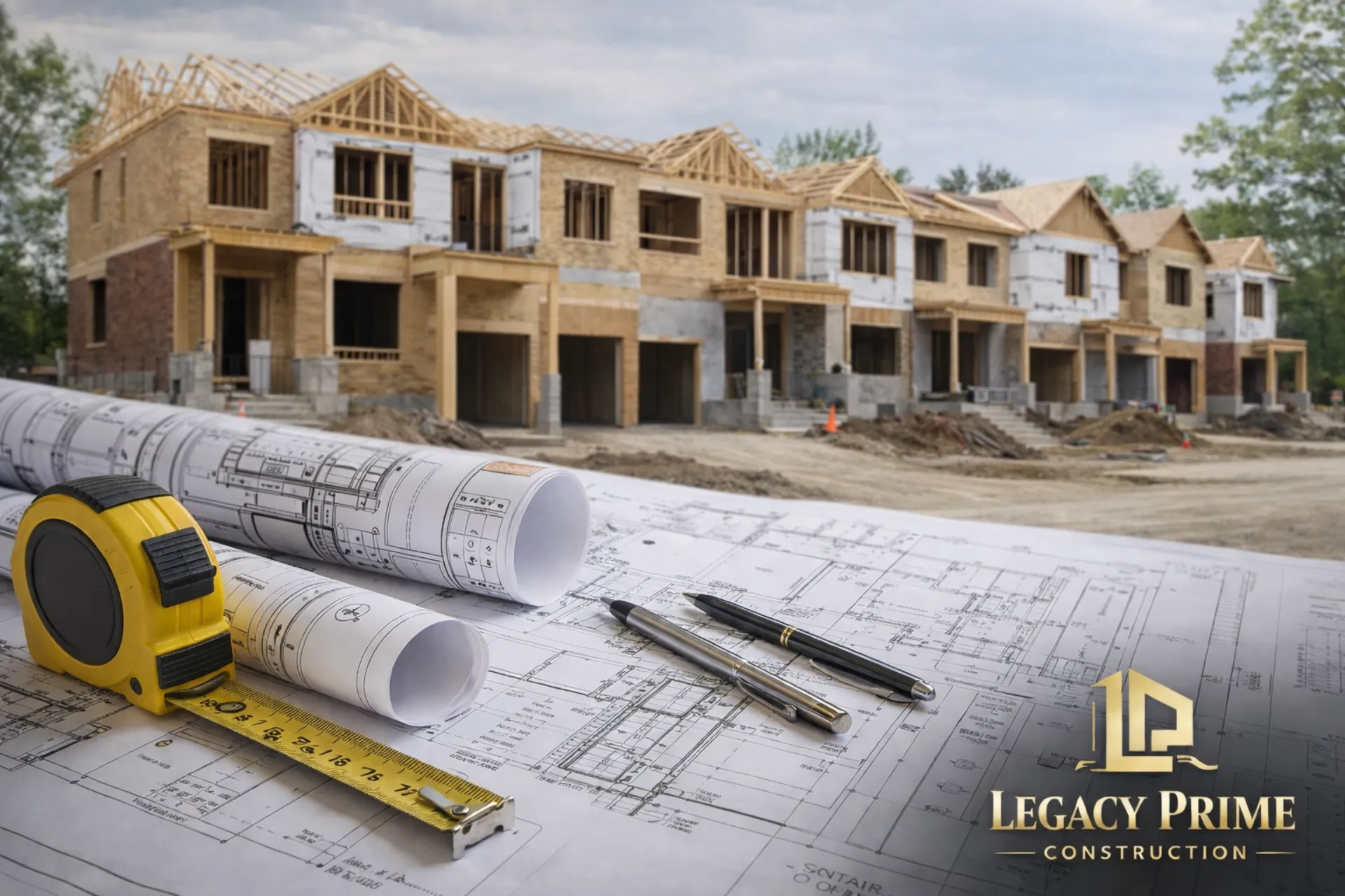 Architectural blueprints and residential construction site in Ontario representing professional design and planning services by Legacy Prime Construction