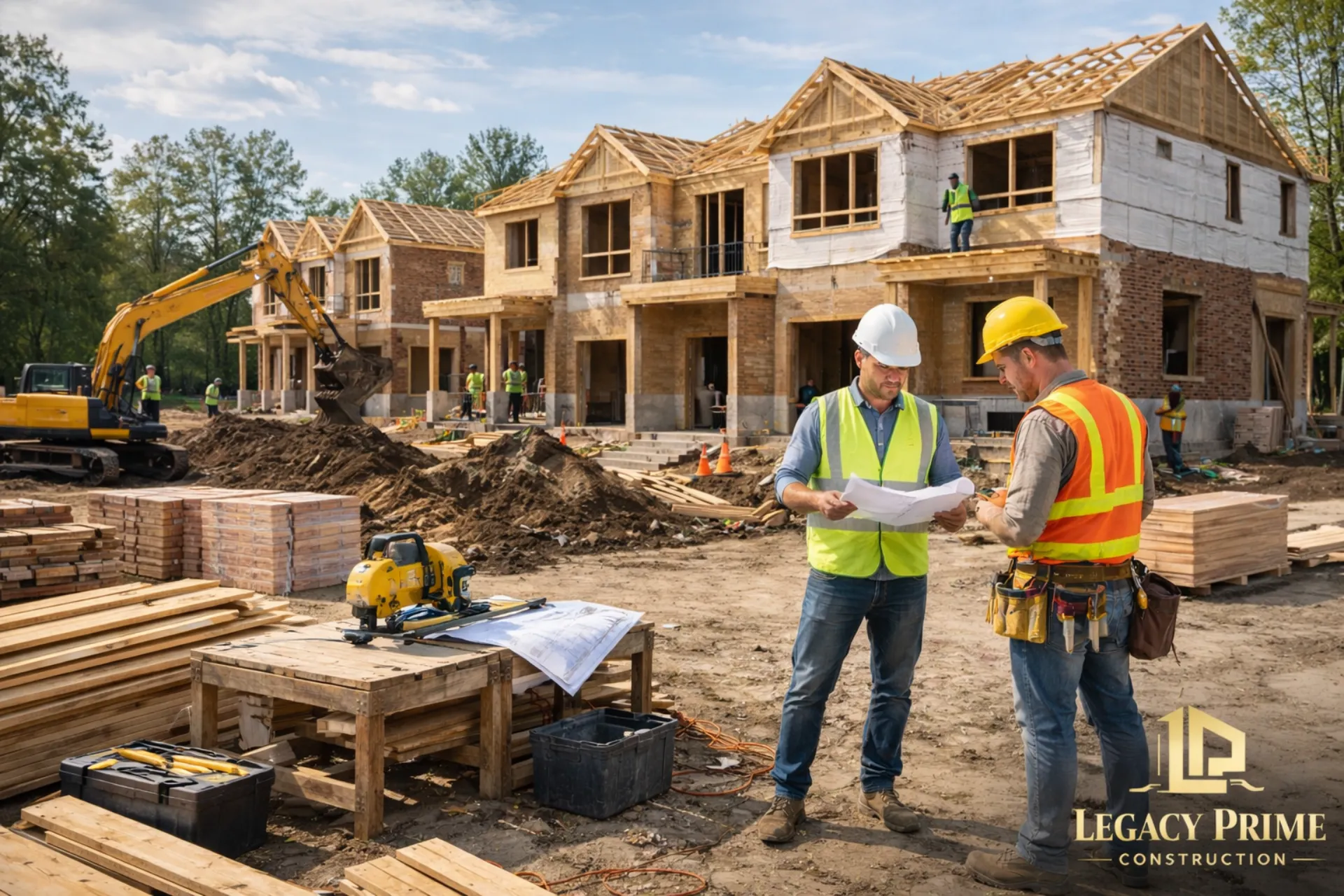 Residential new construction project in Ontario with contractors reviewing plans at a custom home build site by Legacy Prime Construction